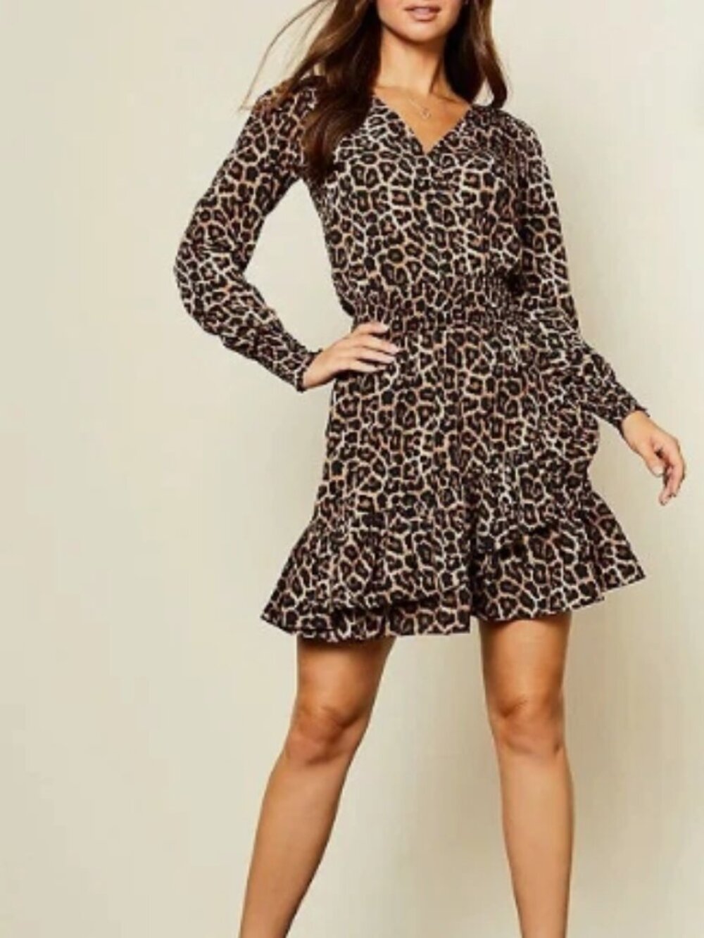 NEW Michael Kors Dark Camel Leopard Print Long Sleeve V-Neck Ruffle Dress (1X)